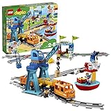 LEGO DUPLO Güterzug, „Push & Go“-Lok mit Lichtern und Geräuschen, Funktionssteinen und 2 Kranen, Spielzeug für Mädchen und...