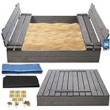 KOTARBAU® Sandkasten mit Abdeckung Sandkasten Holz 120x120 cm imprägniert mit Sitzbänken Grau Holzsandkasten Sandbox mit Deckel...