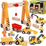 Baufahrzeuge Kinder Holzspielzeug Magnetisch Fahrzeug Spielzeug mit Portalkran, Bagger, Kranwagen, Straßenroller,...