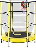 PILIN Kinder Trampolin mit Basketballkorb, 145cm Indoor-Outdoor-Sprungbett mit Federn, erhöhtes Sicherheitsnetz -...