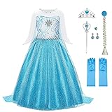 URAQT ELSA Mädchen Prinzessin Kostüm, ELSA Kinder Kleid 6-teiliges Set mit Krone Diadem Handschuhe Zauberstab usw für...